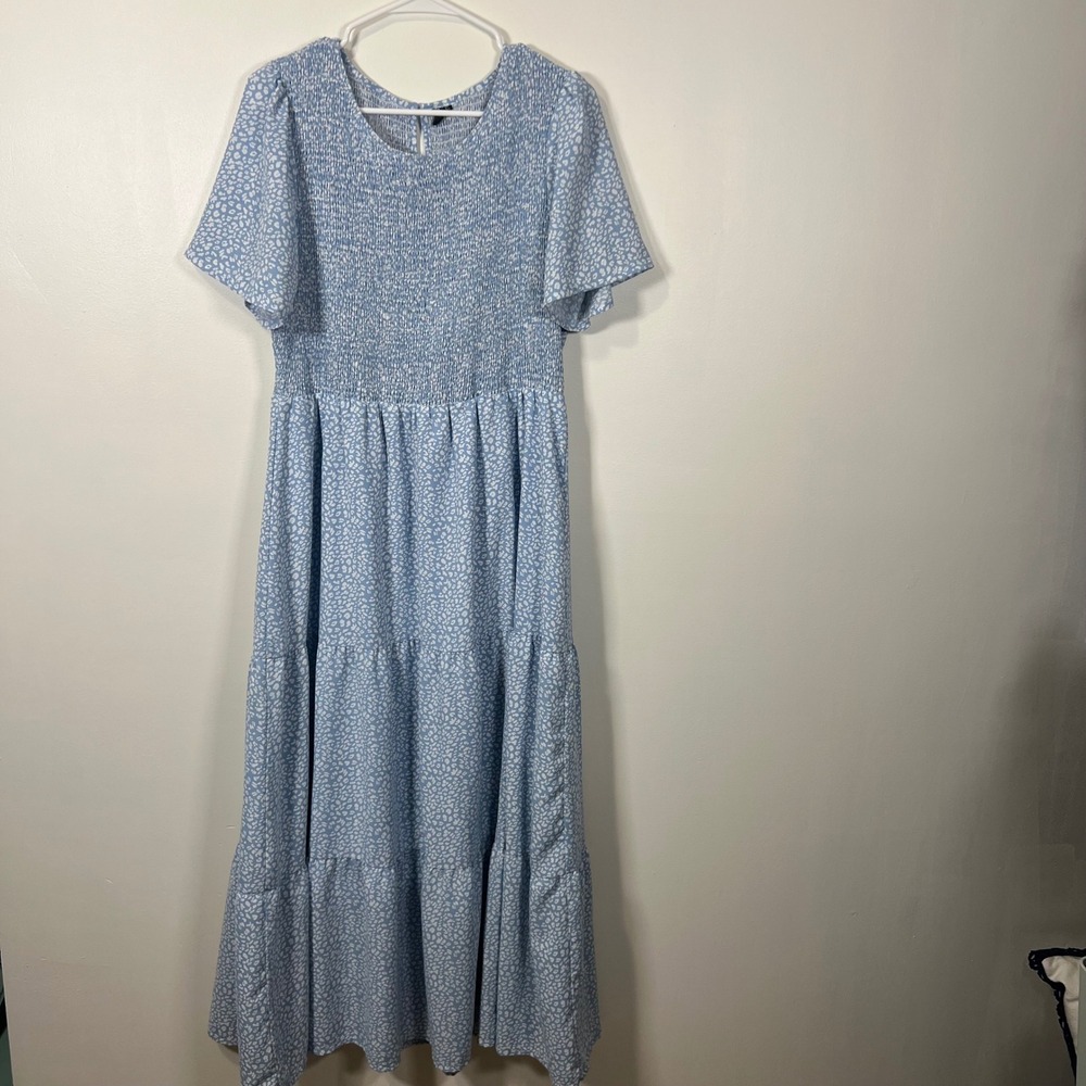 Zattcas Womens Smocked Tiered Maxi Dress Blue Leopard Print Boho XL